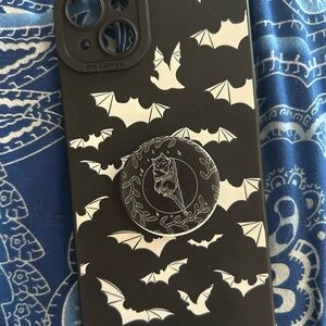 Black Bat Pattern iPhone 14 Plus Case with Black Bat Pop Grip